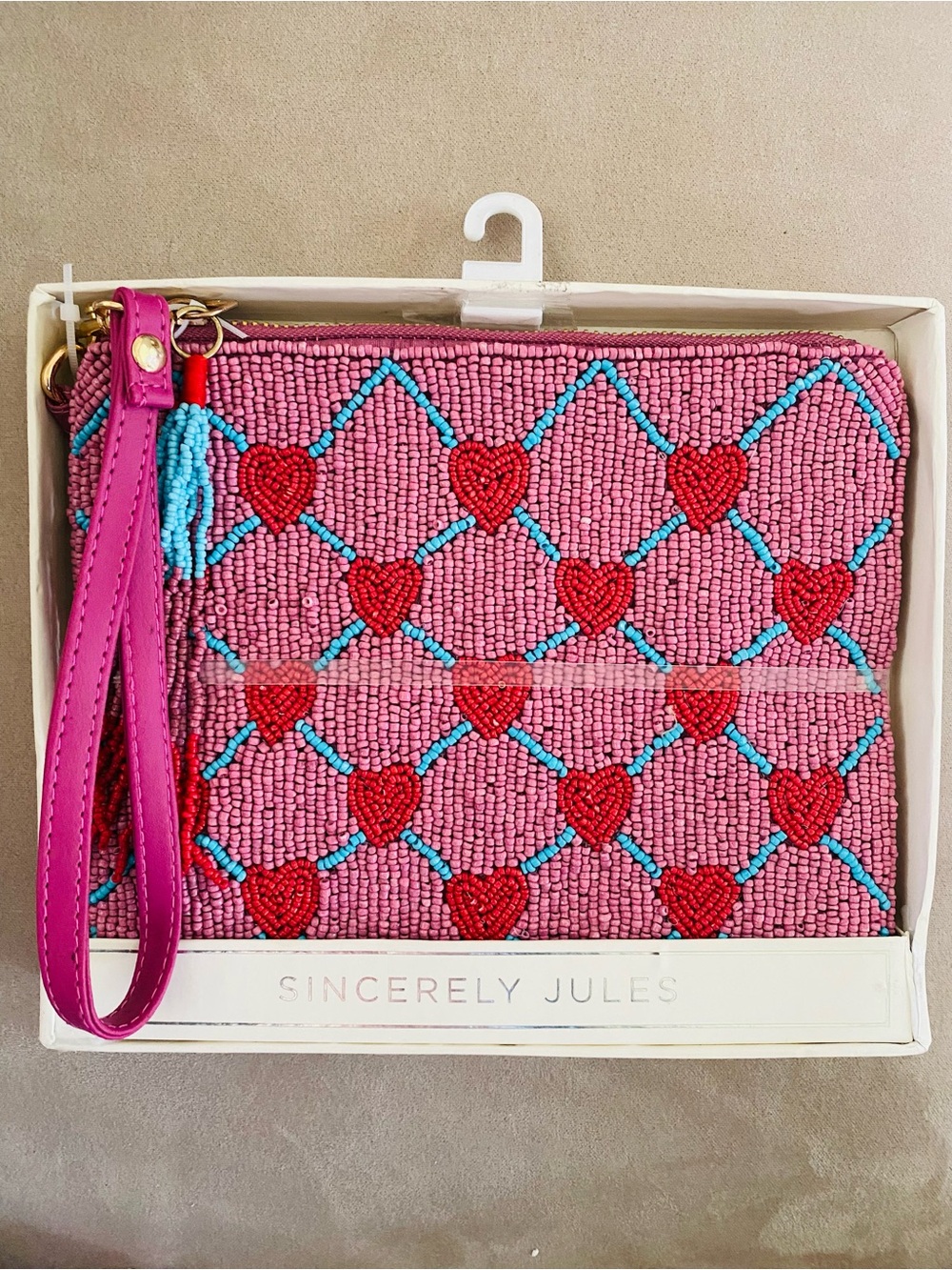 Sincerly Jules Pink Beaded Heart Wristlet Red & Blue Accents BOXED for giving